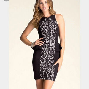bebe NWT Briana Bonded Lace Jersey Peplum Sleeveless Bodycon Mini Dress …